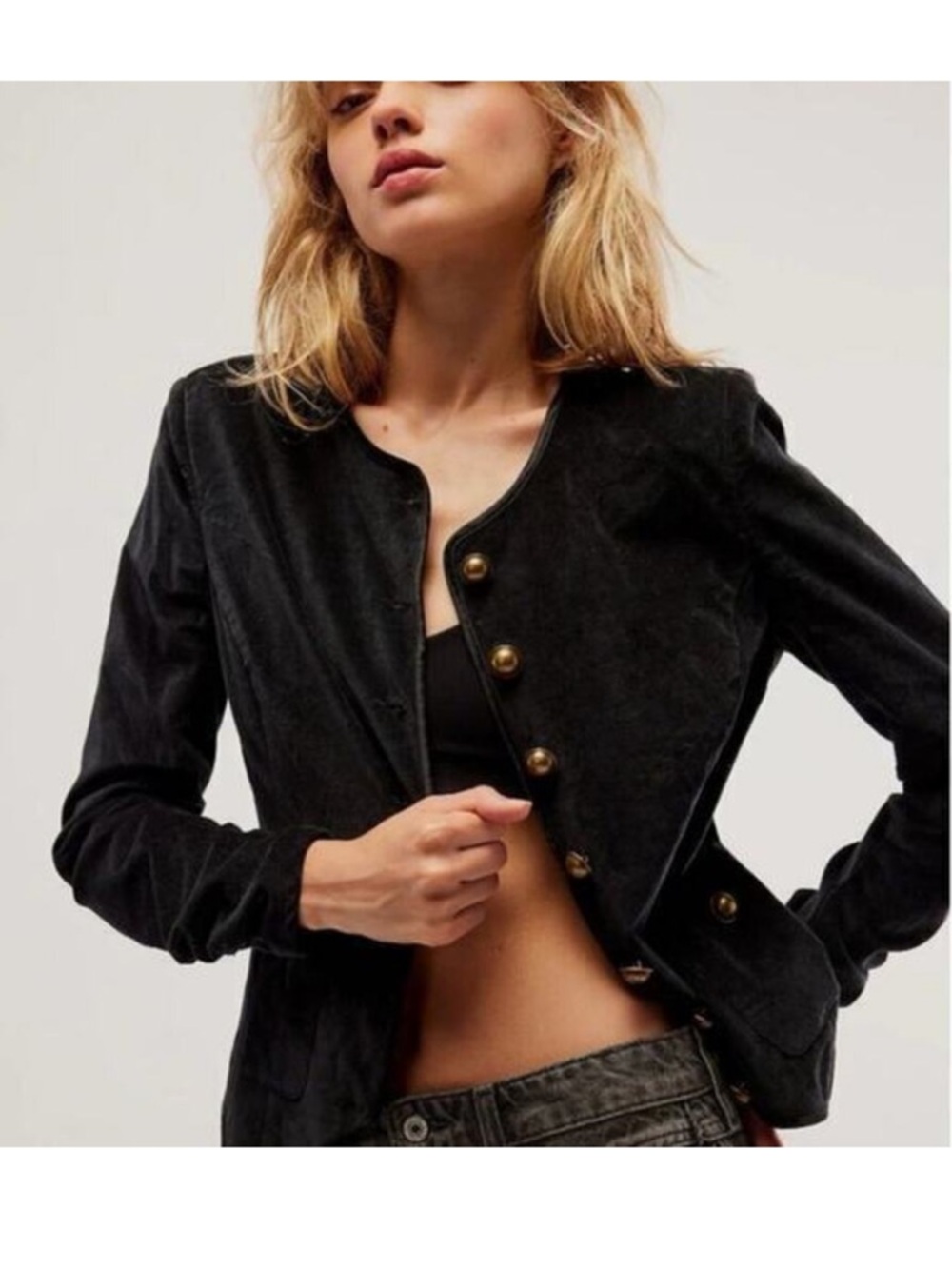 Free People Women’s Black Velour Bronze-Colored Buttons Blazer Chore Jacket XS